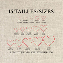 Charger l'image dans la galerie, Fichiers broderie cœur numériques | 15 tailles de 2 cm à 12 cm | Formats PES, DST, JEF, VP3, XXX, EXP, HUS, SEW