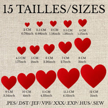 Charger l'image dans la galerie, Motifs cœur pour broderie machine | Pack de 15 tailles (2–12 cm) | Téléchargement instantané en formats PES, DST, JEF, VP3, XXX, EXP, HUS, SEW