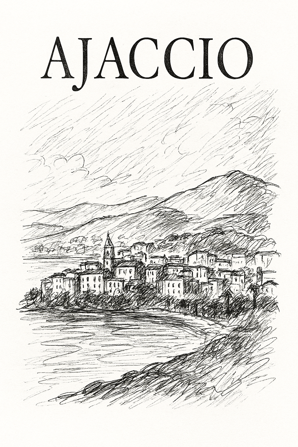 Affiche numérique AJACCIO – Poster imprimable Corse | Croquis artistique noir et blanc | Décoration murale élégante