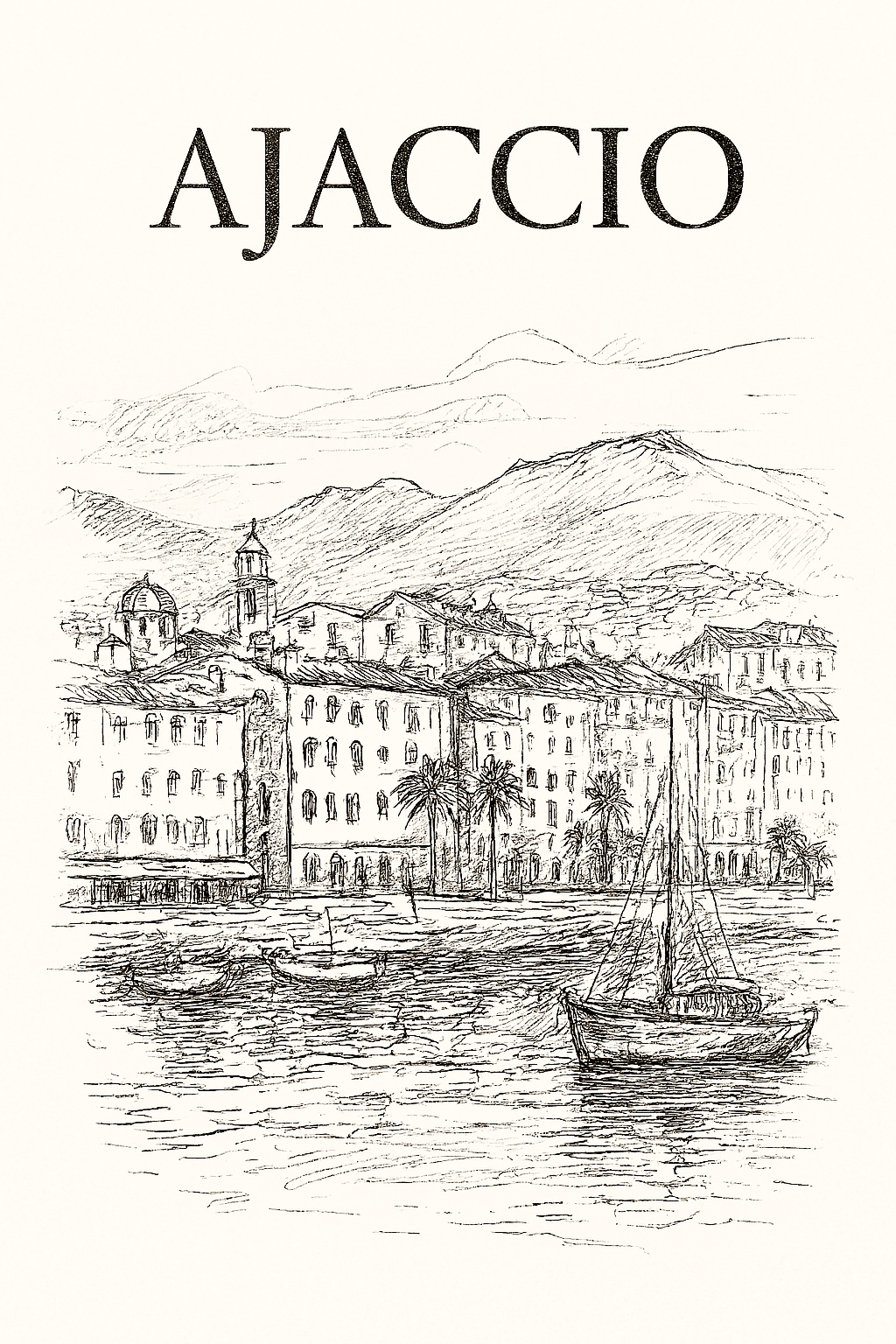 Affiche numérique AJACCIO 2 – Poster imprimable Corse | Croquis artistique noir et blanc | Décoration murale élégante