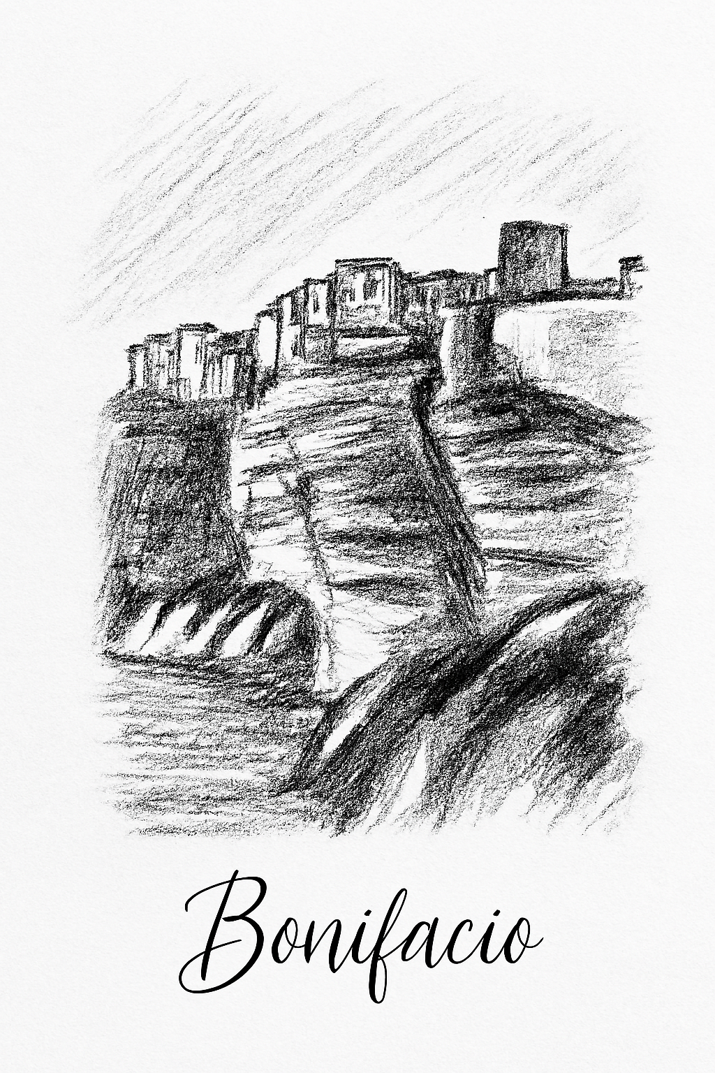 Affiche numérique BONIFACIO 2 – Poster imprimable Corse | Croquis artistique noir et blanc | Décoration murale élégante