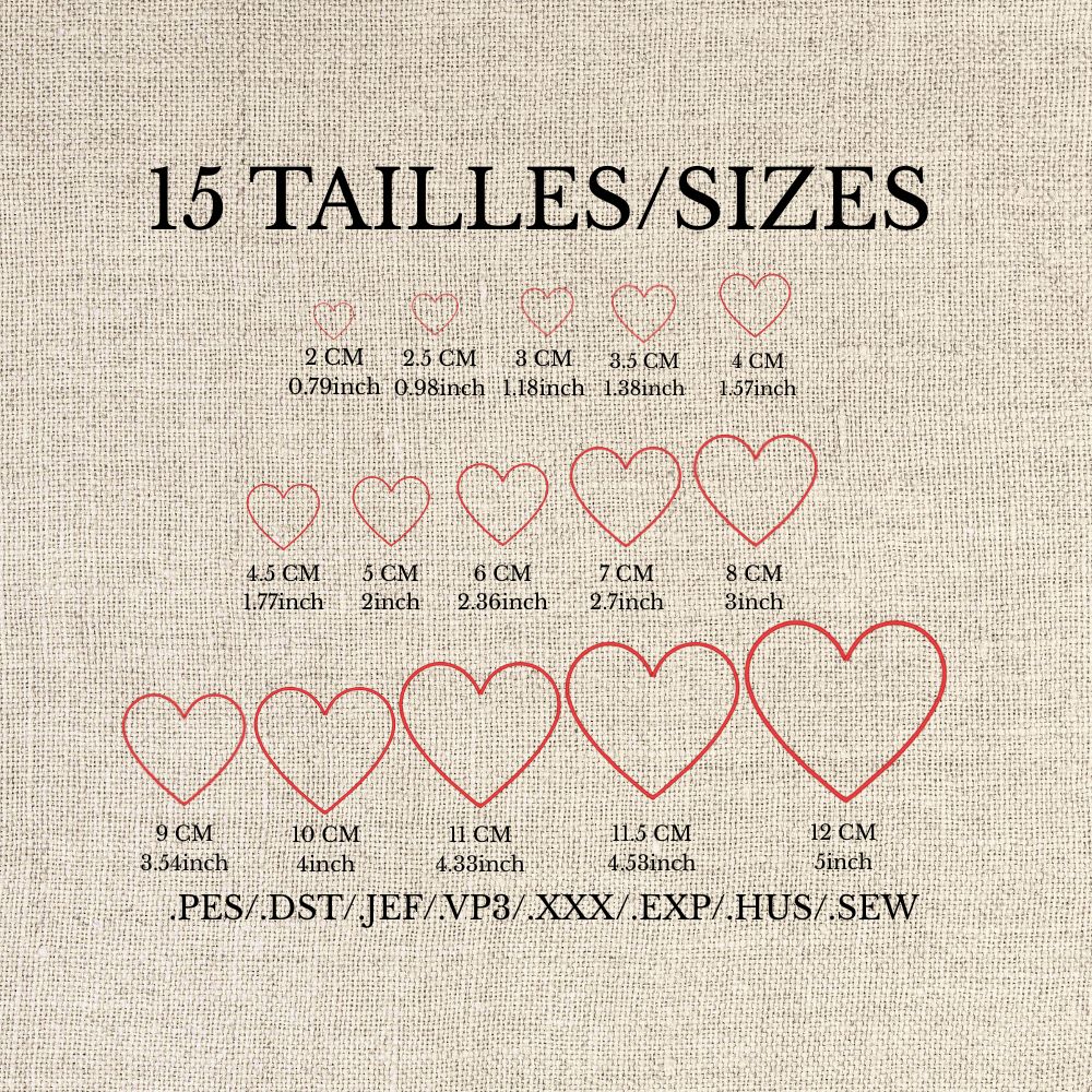 Fichiers broderie cœur numériques | 15 tailles de 2 cm à 12 cm | Formats PES, DST, JEF, VP3, XXX, EXP, HUS, SEW
