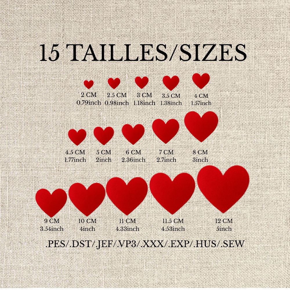 Motifs cœur pour broderie machine | Pack de 15 tailles (2–12 cm) | Téléchargement instantané en formats PES, DST, JEF, VP3, XXX, EXP, HUS, SEW