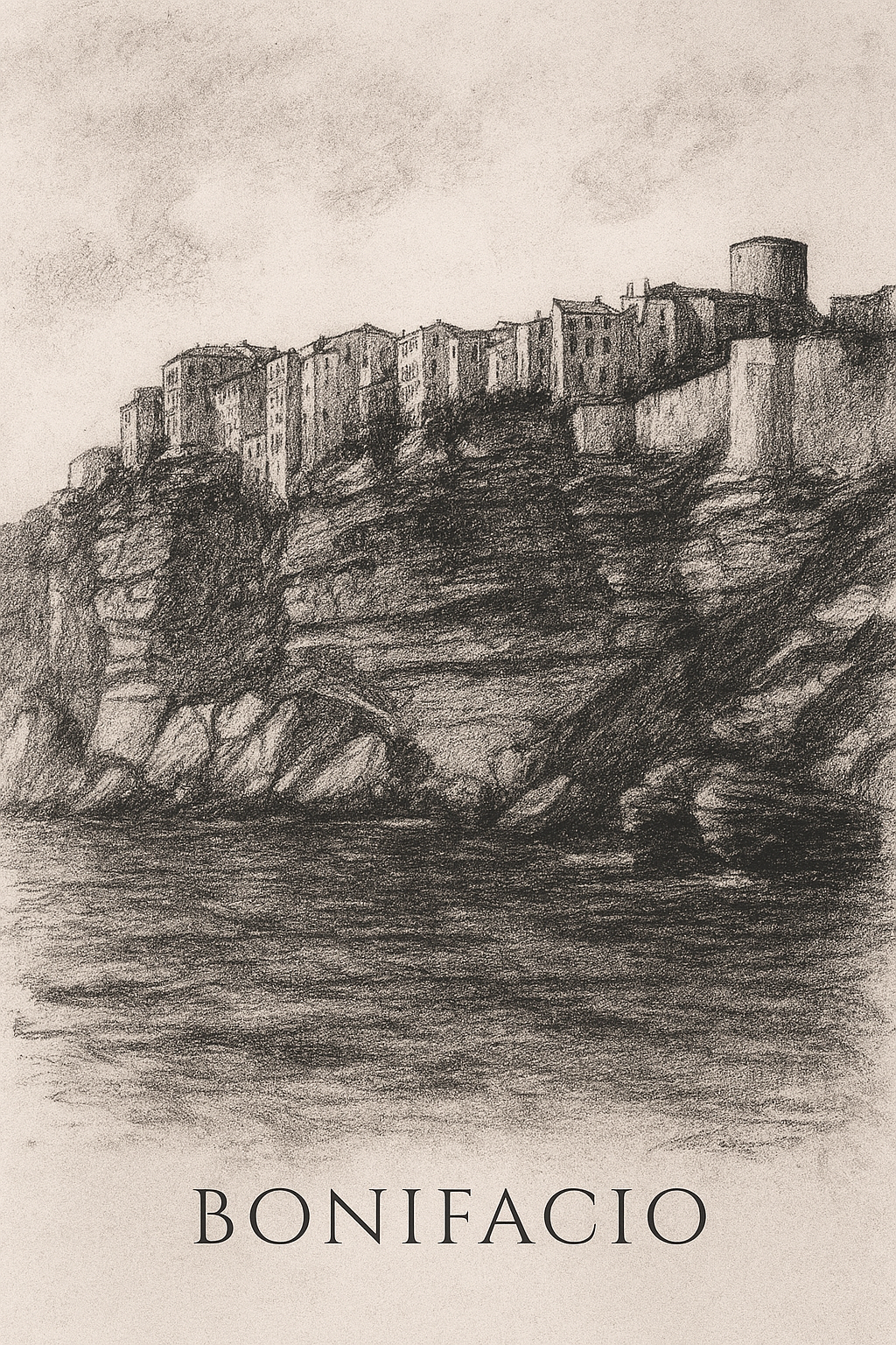 Affiche numérique BONIFACIO – Poster imprimable Corse | Croquis artistique noir et blanc | Décoration murale élégante