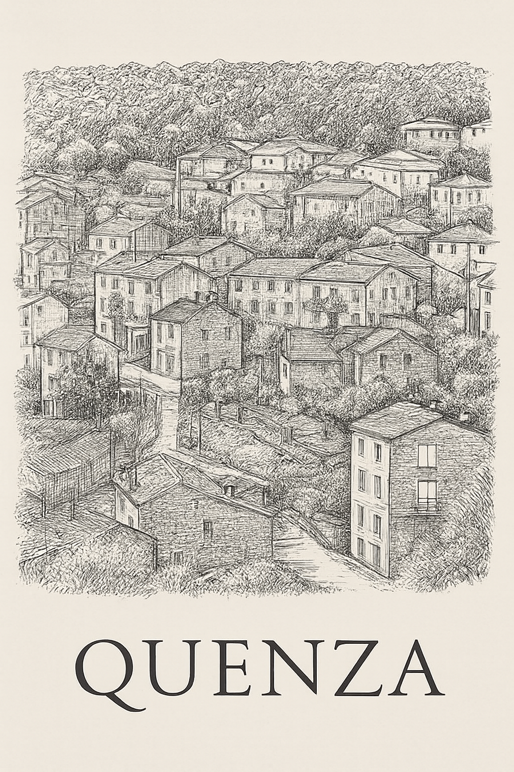 Affiche numérique QUENZA 1 – Poster imprimable Corse | Croquis artistique noir et blanc | Décoration murale élégante (Copie)