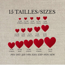 Charger et lire la vidéo dans la visionneuse de la Galerie, Motifs cœur pour broderie machine | Pack de 15 tailles (2–12 cm) | Téléchargement instantané en formats PES, DST, JEF, VP3, XXX, EXP, HUS, SEW
