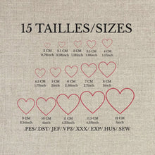 Charger et lire la vidéo dans la visionneuse de la Galerie, Fichiers broderie cœur numériques | 15 tailles de 2 cm à 12 cm | Formats PES, DST, JEF, VP3, XXX, EXP, HUS, SEW
